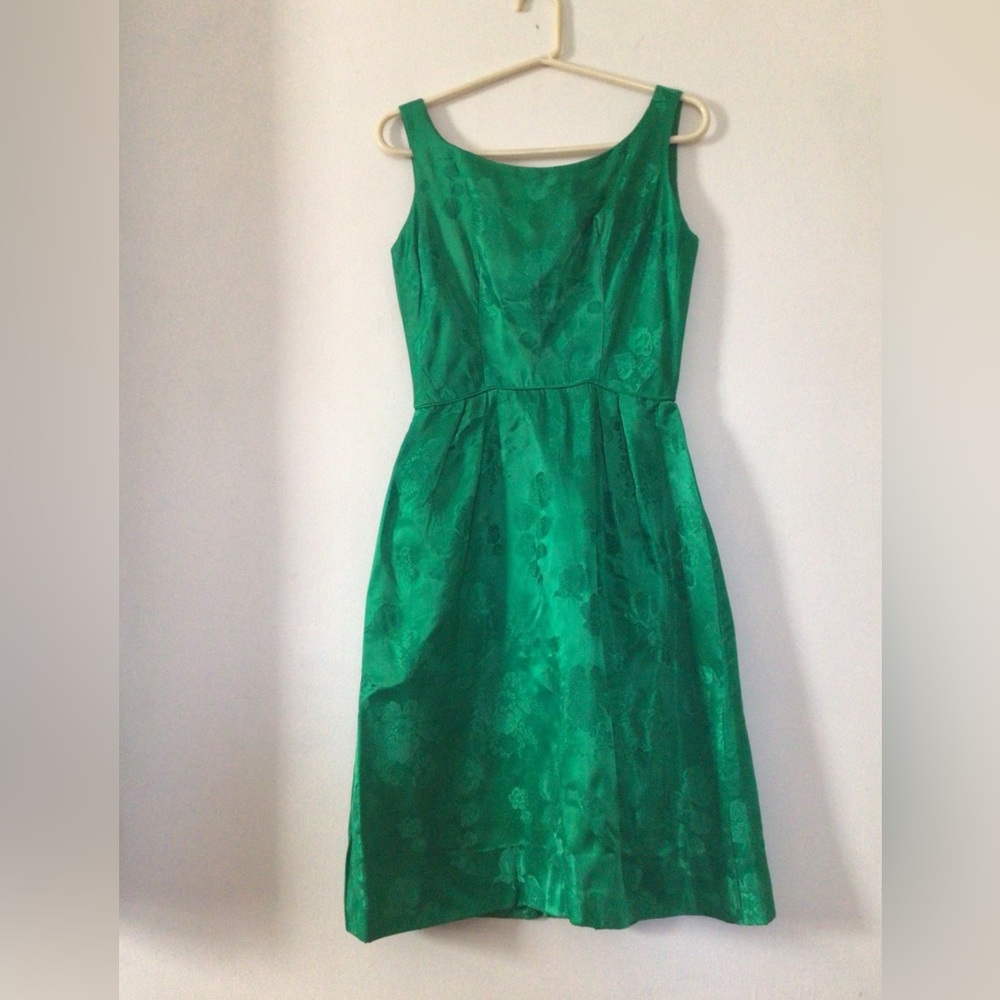 Vintage Kelly Green Silk Jacquard Dress☘️ - Picture 4 of 12